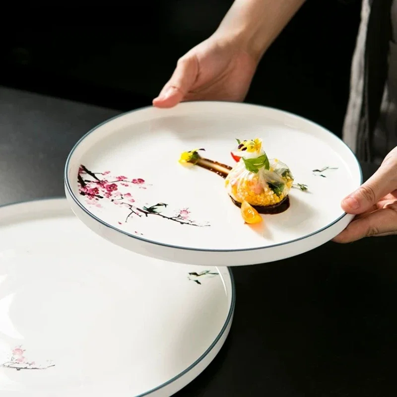 1PC Round Chinese Style Landscape Decorative Plates Vintage Elegant Pattern Dinner Plates for Hotel Restaurant Tableware