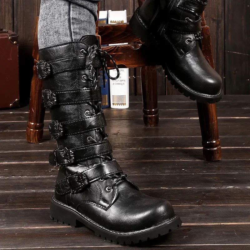 Winter Men Motorcycle Boots 2018 Fashion Mid-Calf Punk Rock Punk Shoes Mens PU Leather Black High top Casual Boot Man