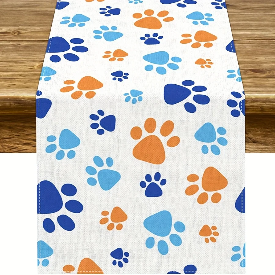 Dog Paw Print Table runner - Blue Orange Paw Prints Pet Birthday Party Decor for Kitchen Dining, Dog Lover Gift