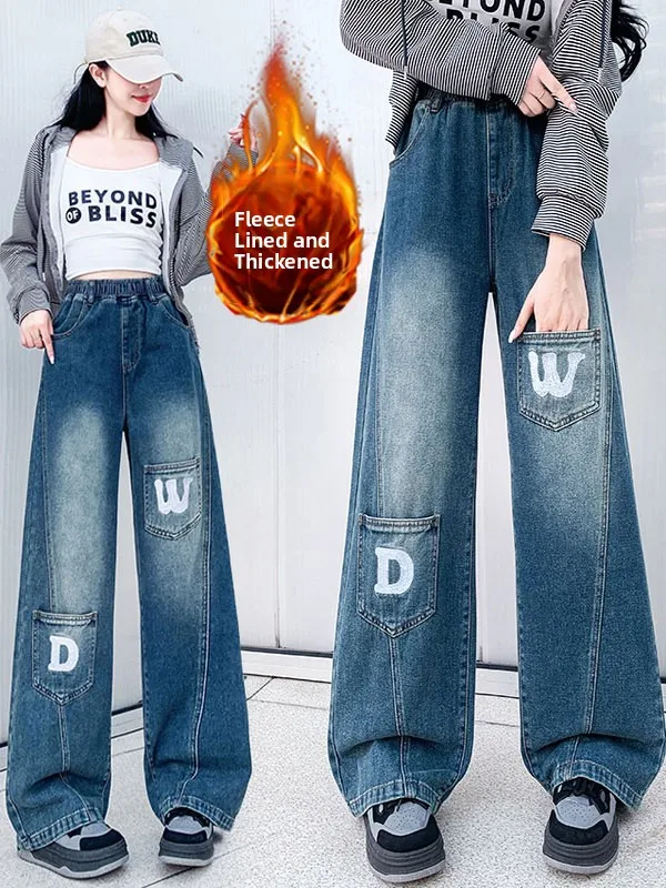 

Большие размеры, широкие джинсы с высокой талией на подкладке, женские прямые джинсовые брюки свободного покроя, повседневные брюки, осень-зима