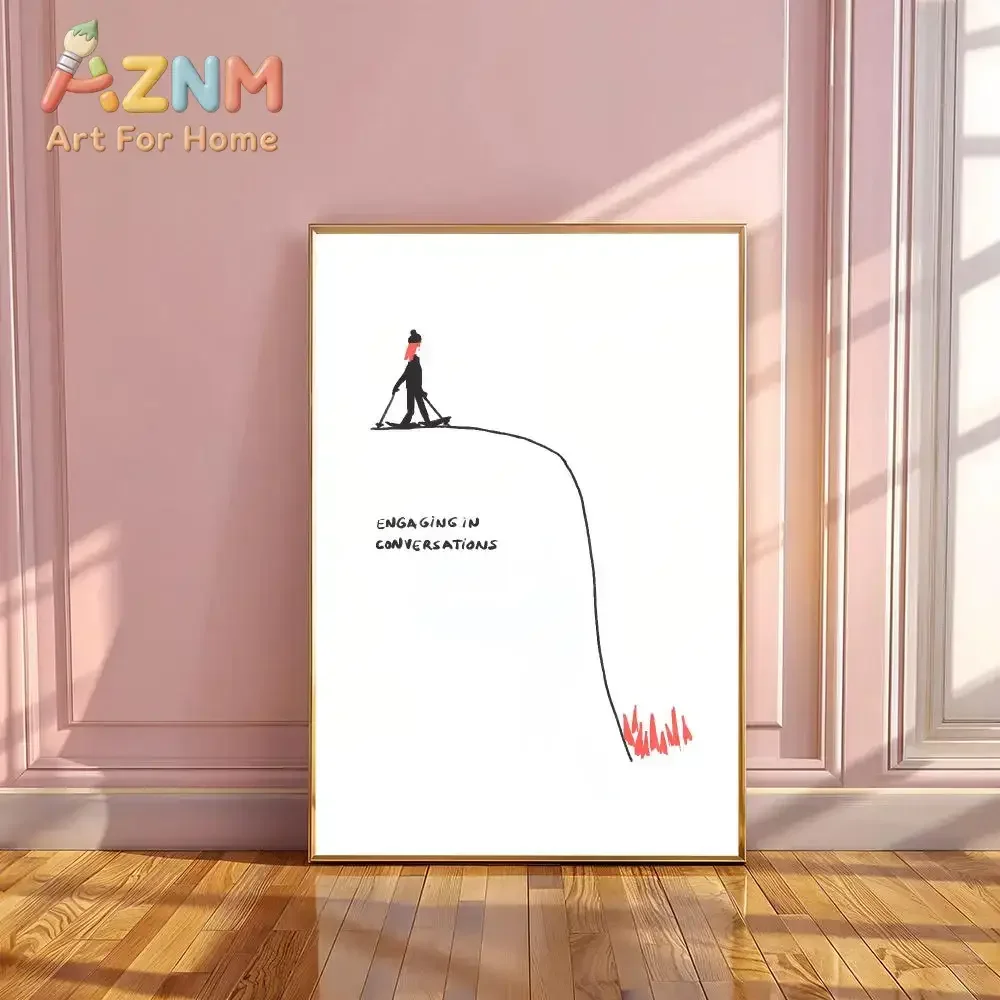 AZNM Funny Skiing Line Art Canvas Wall Art, Engaging In Conversations Humor Quote Print Poster, Unframed Canvas Painting for Roo