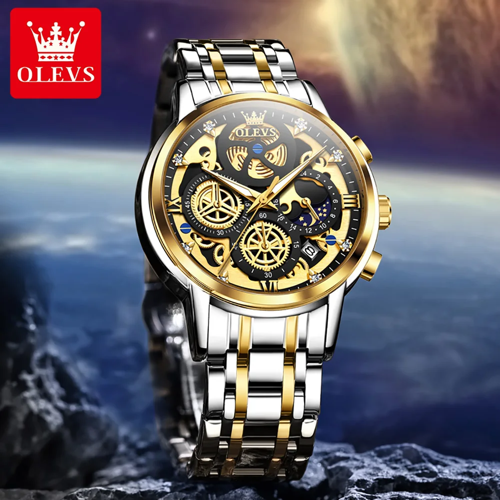 OLEVS New Mens Watches Top Brand Luxury Original Waterproof Quartz Watch for Man Gold Skeleton Style 24 Hour Day Night Auto Date