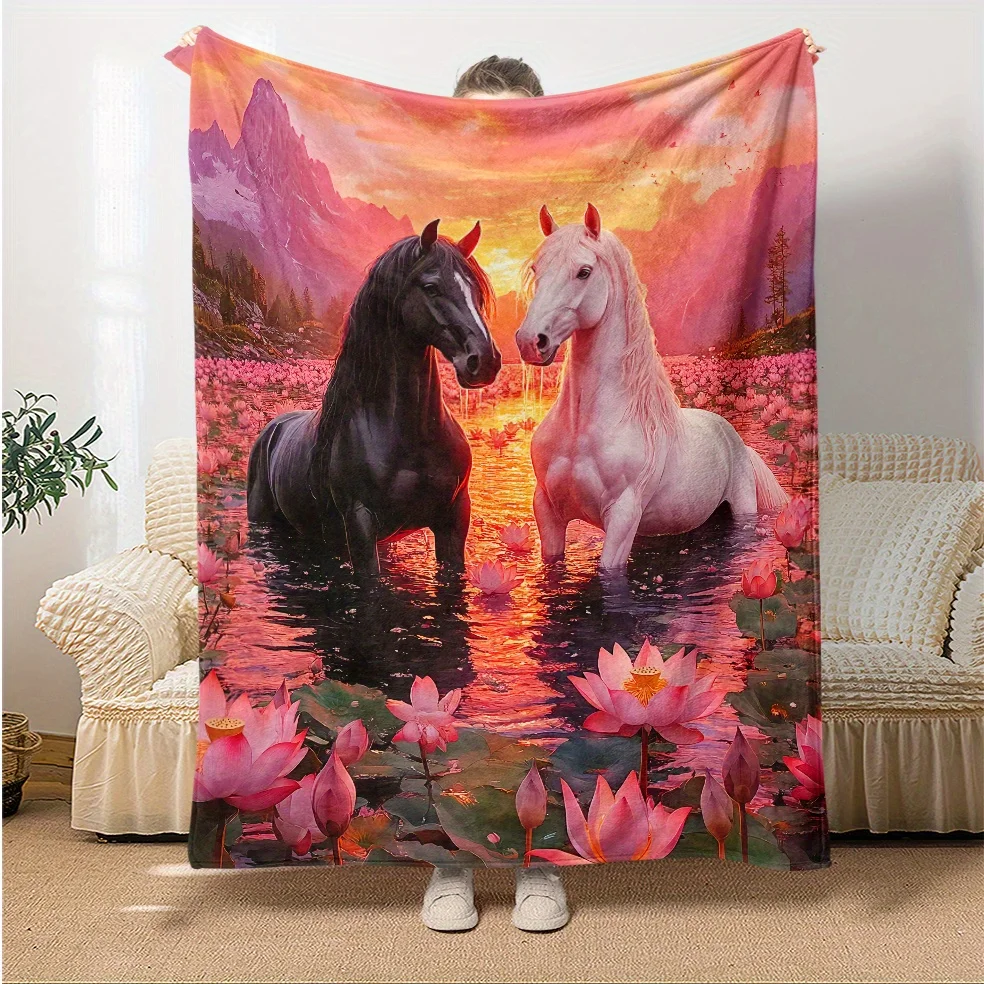 Custom Horse Blanket Black White Horses Lotus Pond Sunset Mountain Design Personalized Name Fleece Throw All Season Soft Warm