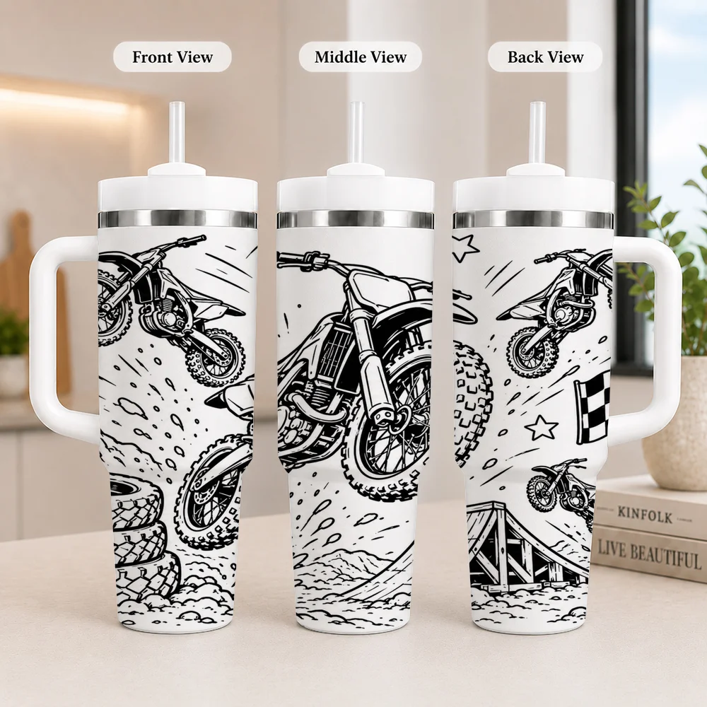 Monster Truck & Dirt Bike Racing Vacuum Flasks 40oz Leakproof Steel Tumbler w/ Lid Straw Handle Hot Cold Drinks