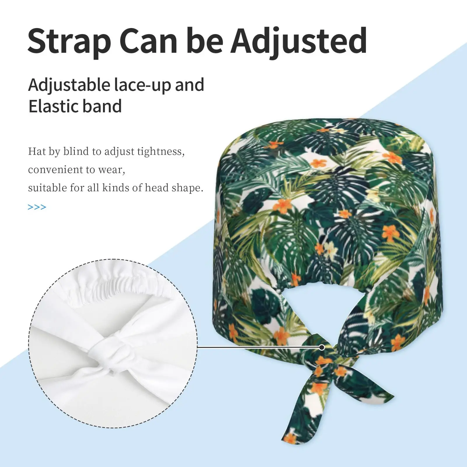 Tropical Palm Leaf Pattern Unisex Breathable Work Cap with Adjustable Sweatband and Elastic Bandage Cap for Nurses