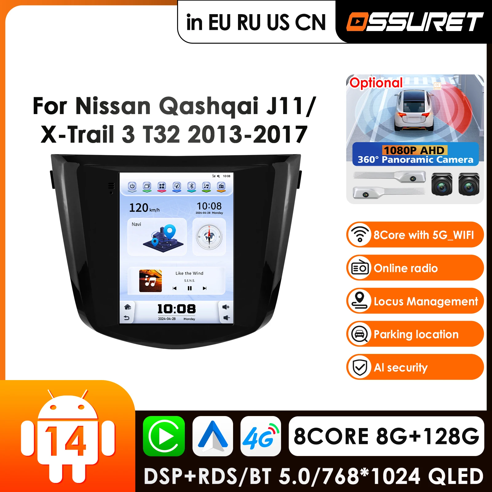 

OSSURET 9.7-дюймовое беспроводное Android-радио с CarPlay для Nissan Qashqai J11 X-Trail 3 T32 2013-2017, 4G, автомобильная мультимедийная система GPS 360 ° Камера