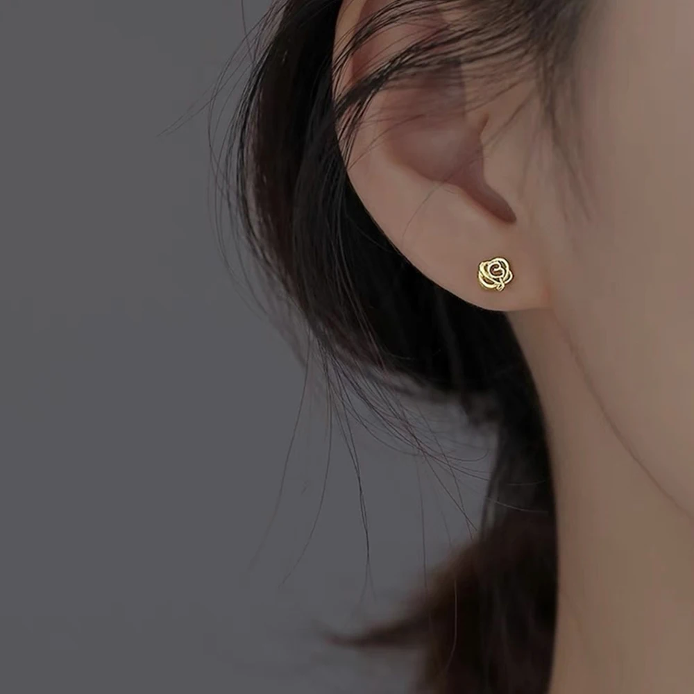 Pendientes de tuerca minimalistas para mujer y niña, Piercing de oreja Chapado en flor de circón, accesorios de joyería, regalo de cumpleaños para