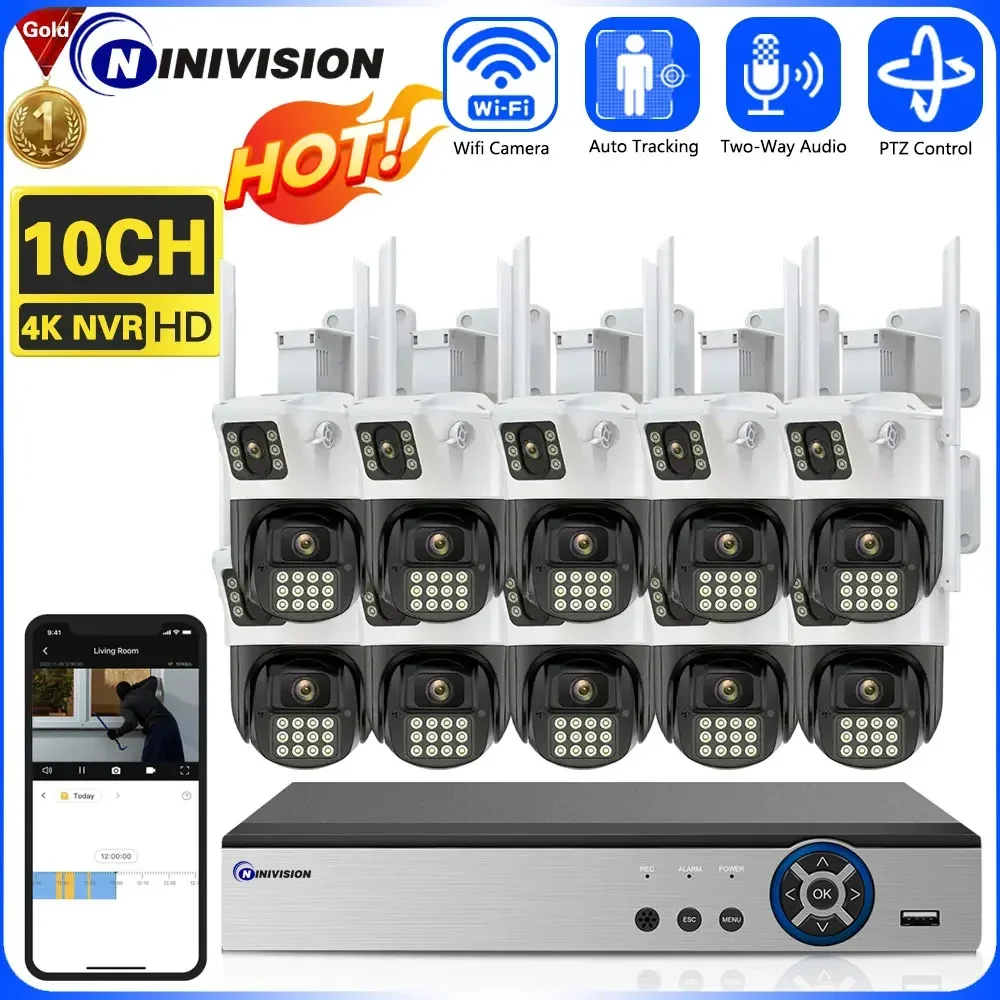 

Free 500G Hard Drive 10CH 8MP 4k NVR Wireless Dual Lens Security 2Audio Camera System WIFI PTZ Cam Kit Video Surveillance System