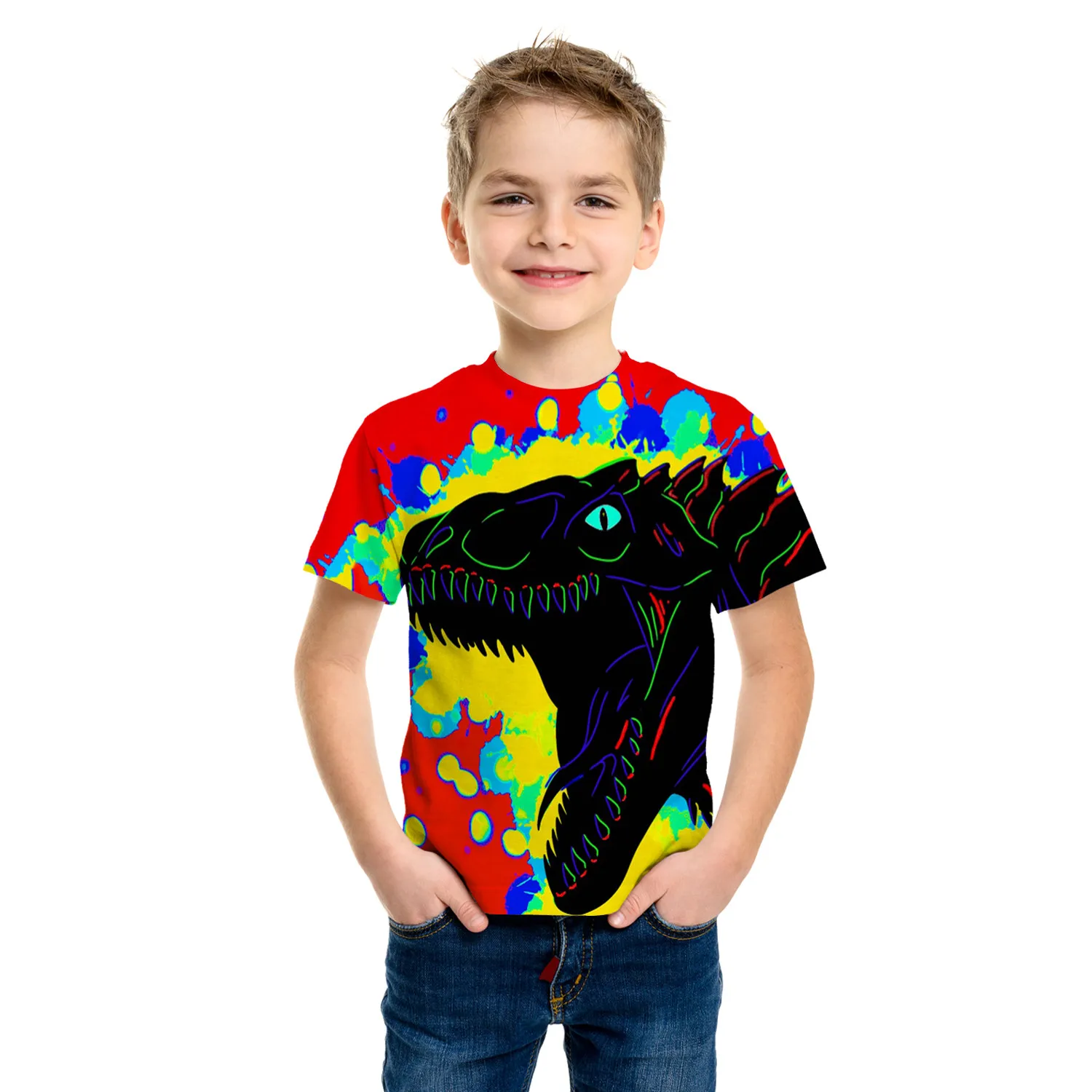 Camiseta con estampado 3d colorido de dinosaurio potente para niños, camiseta informal de manga corta para niños, ropa para niños, Tops de verano