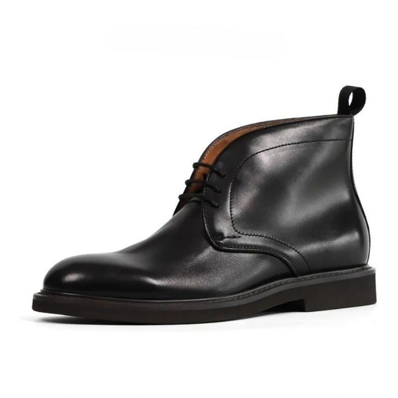 Men's Ankle Boots Genuine Leather High Top British Lace Up Round Toe Business Casual Handcrafted Dress Work Chelsea Boots Male