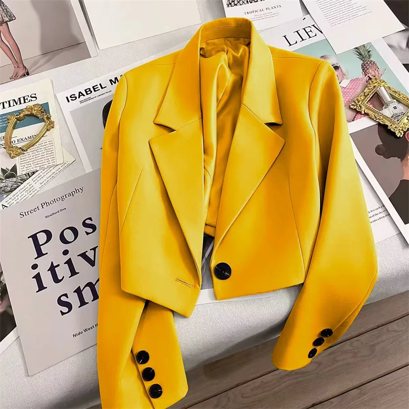 Black Cropped Blazers Woman Trend 2026 New Notched Collar Crop Jacket Women Korean Chic Single Button Suit Coat Female Outerwear