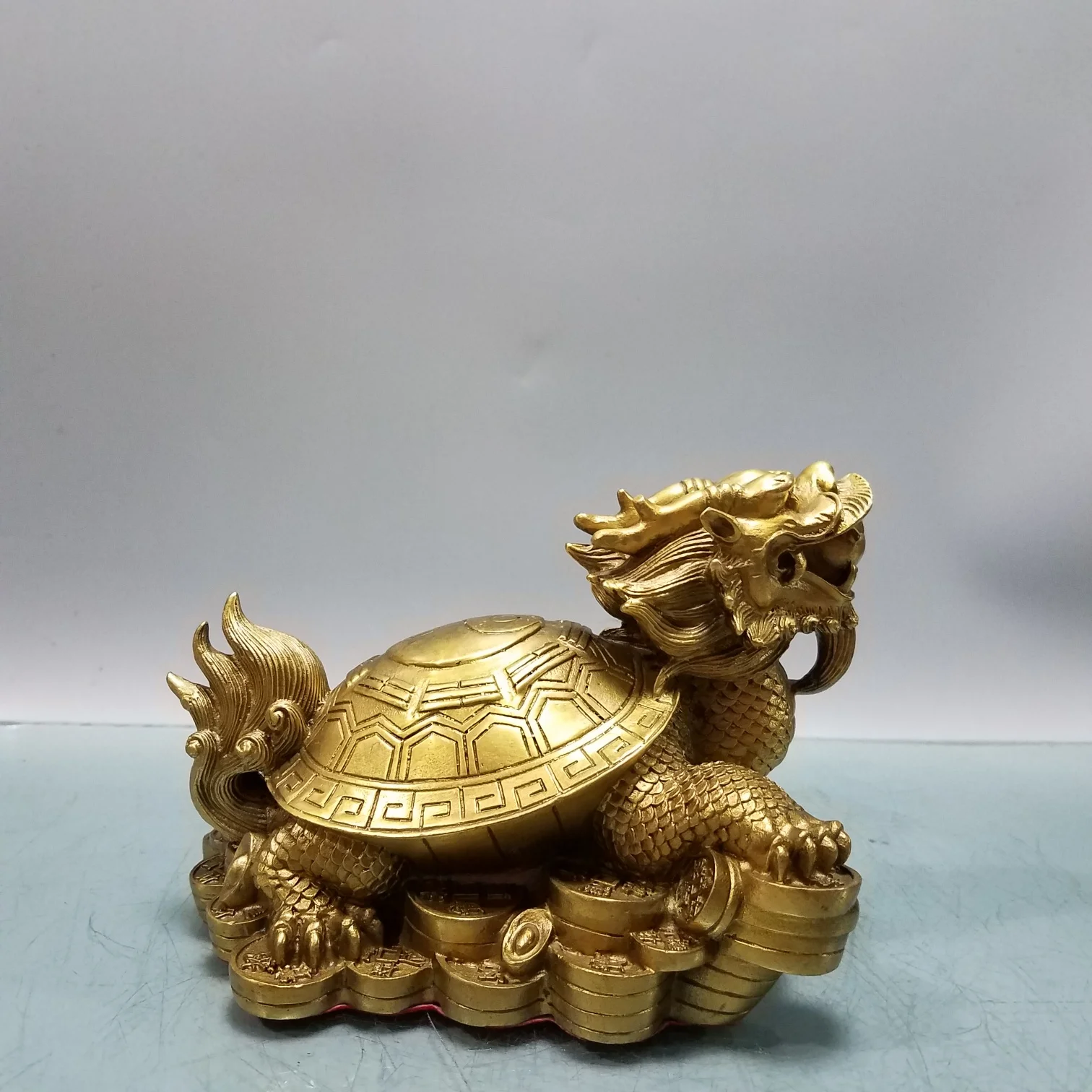 

9"Tibetan Temple Collection Old Bronze Yuanbao Coin Dragon Turtle Statue Amass wealth Ornaments Town house Exorcism