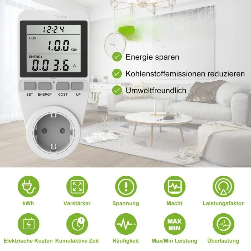 BALDR Power Meter Socket – 220V EU Plug LCD Electricity Usage Monitor Kilowatt Wattage Measure for Home Energy Protect​