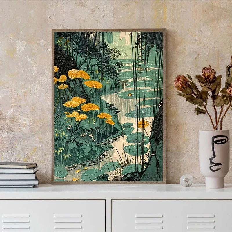 Samurai Frog Kimono Cat Canvas Print Whimsical Japanese Woodcut Style Poster Funny Humorous Animal Wall Art for Bedroom Office