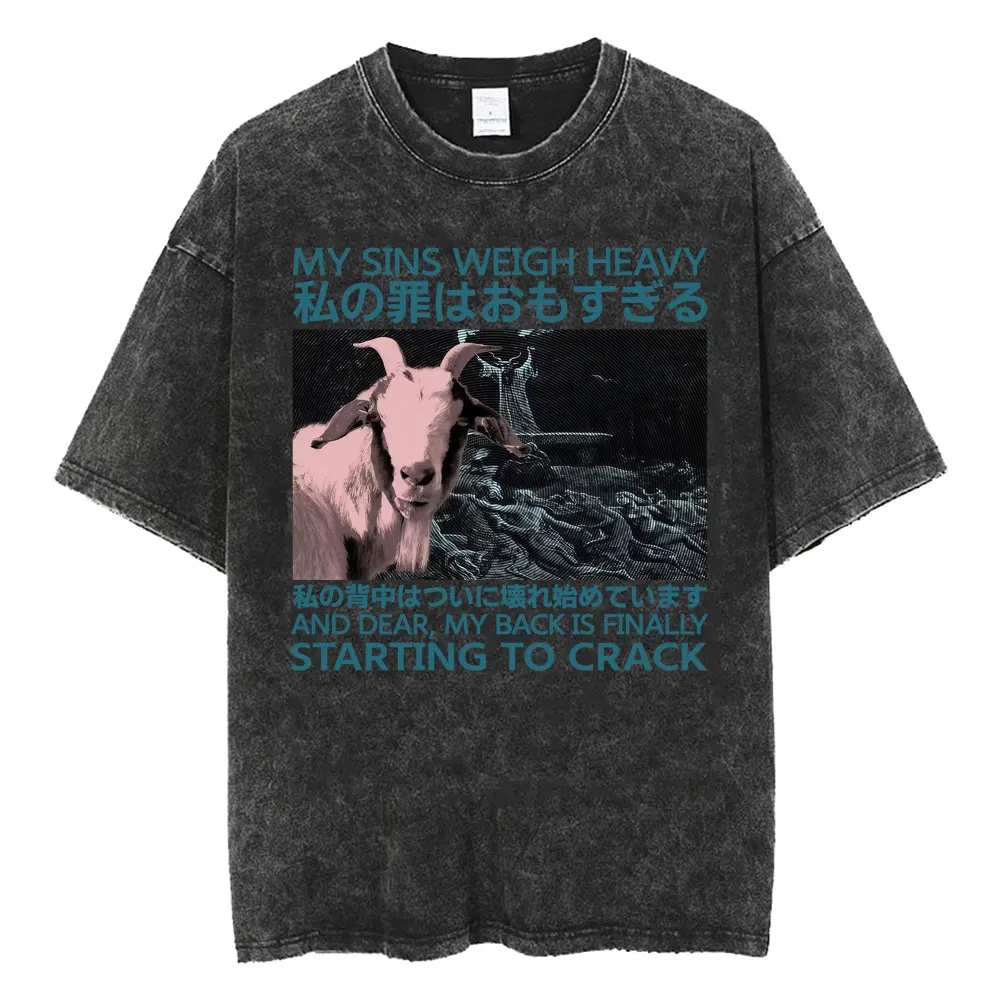 My Sins Weigh Heavy Japanese Gothic Goat Funny T-shirt Men Women Harajuku Fashion Classic T-shirts Cotton Vintage Washed T Shirt