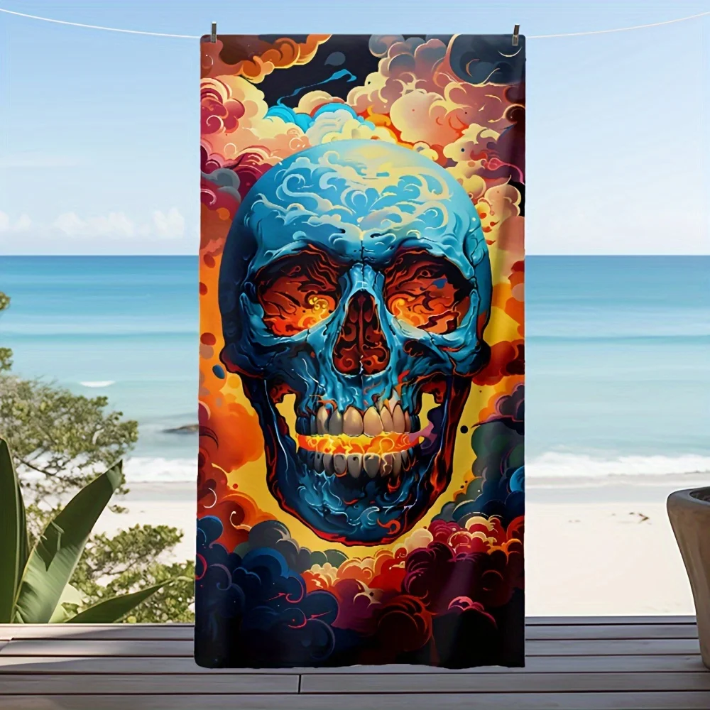 Psychedelic Skull Beach Towel, Trippy Blue Skull with Fire Clouds Print Oversized Bath Towel, Dry Edgy Summer Beach Blanket