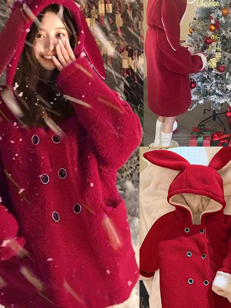 Christmas Parent-child Outfit Autumn and Winter New Year Girl's Cashmere Thickened Lamb Wool Coat Mother Child Outfit Red Coat