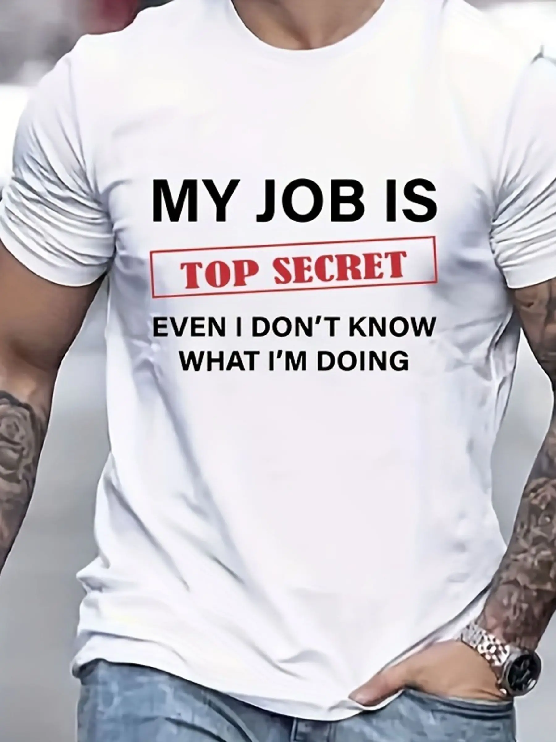 Men's cotton printed T-shirt - "My Job Is Top Secret" design, breathable and comfortable short-sleeved top
