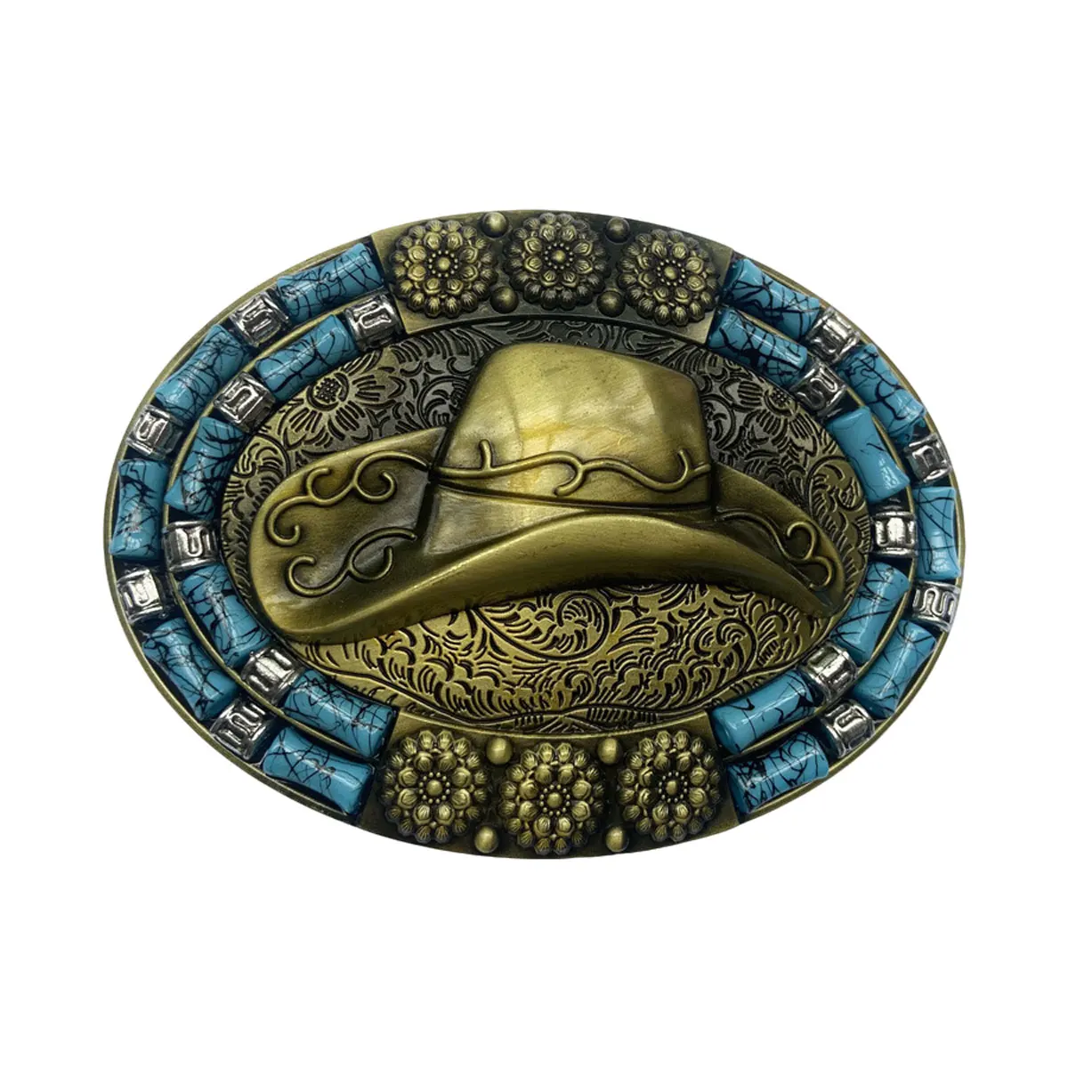 Picture 7: Retro Western Cowboys Hat Belt Buckle Drop Shipping - Oval Style Blue Turquoise Belt Buckle for Men