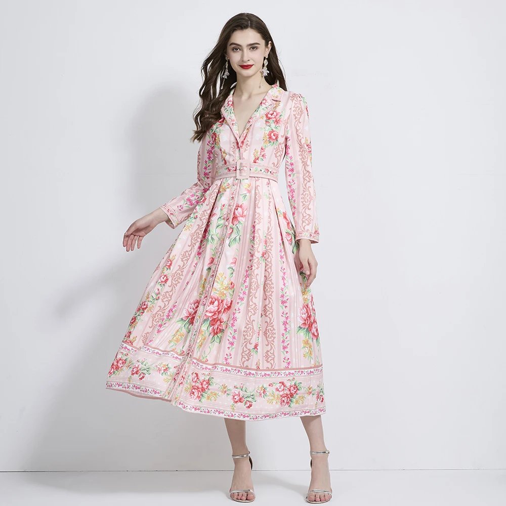 2024 عطلة نمط دعوى طوق تحديد المواقع الأزهار طباعة طويلة الأكمام الخصر cinching تنورة طويلة XY 2109088