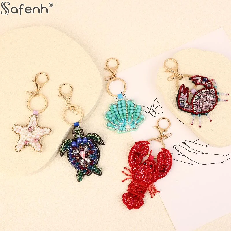 1PCS Rhinestone Lobster Beaded Pendant Pretty Hand Sewn Bag Charms Crab Shells Turtle Hanging Rope Patches Applique Bag Lanyard