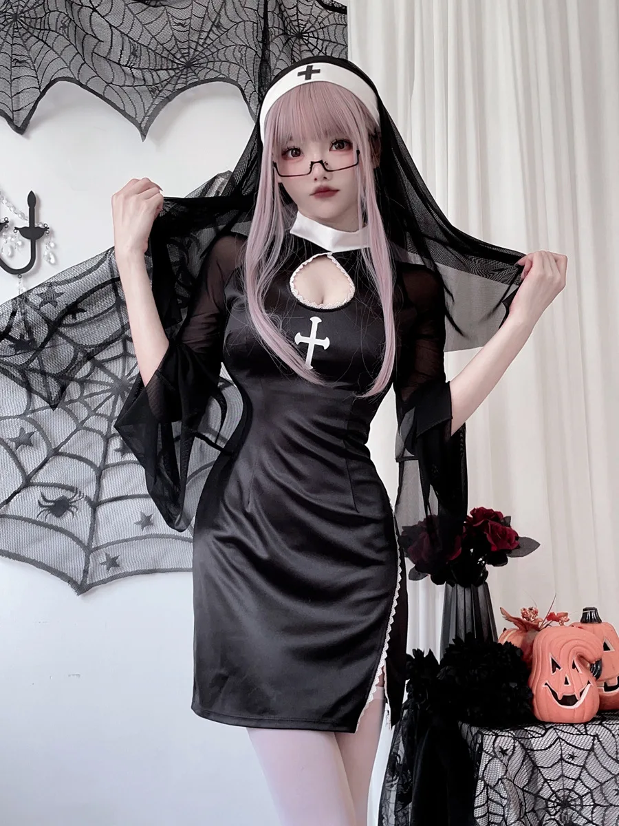 Halloween Sexy Nun Cosplay Costume Vampire Cross Dark Gothic Style Black Nun Dress With Headwear Carnival Roleplay Clothes