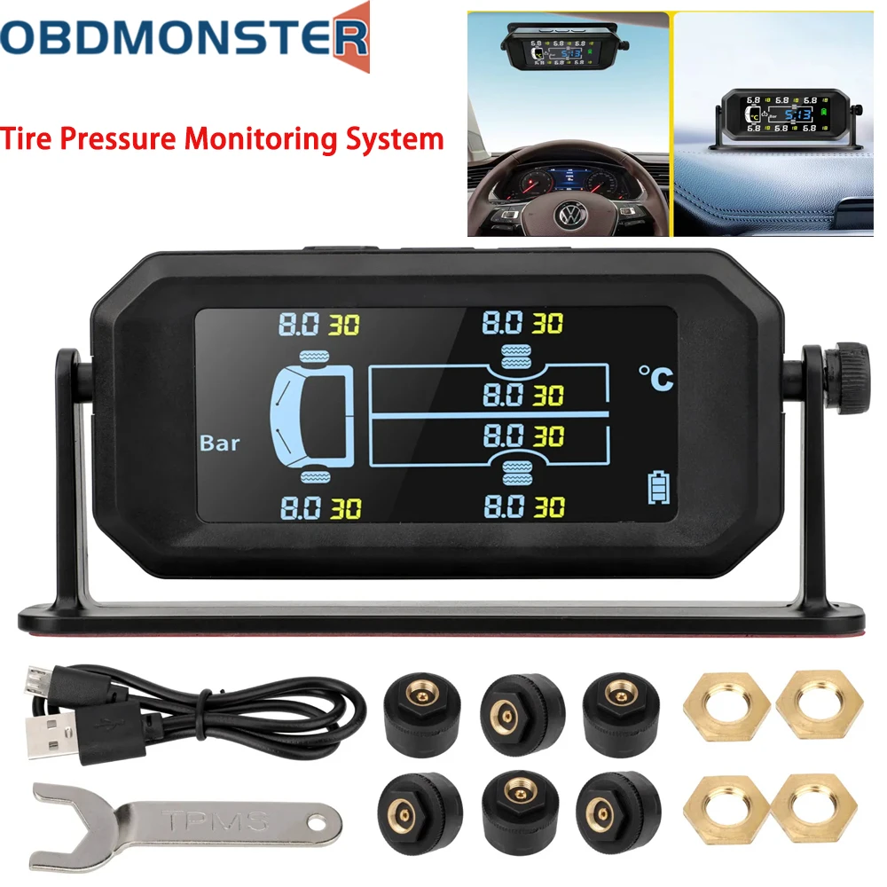 

Wireless Car TPMS Tire Pressure Sensors Solar Tire Pressure Monitoring System Temperature Alarm 6 Wheel Tyre External Sensor