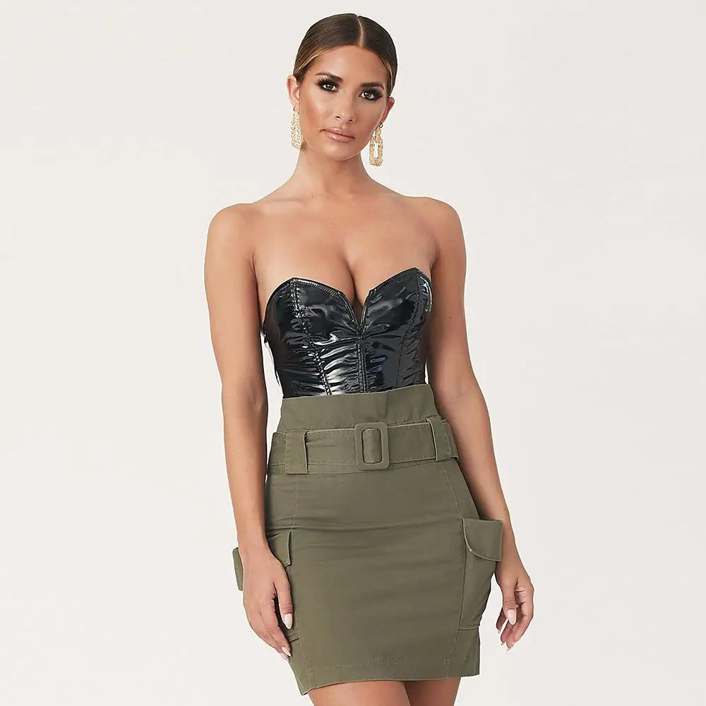 Femmes sans bretelles en cuir PU Onesie body barboteuse dame noir Sexy Hotsweet combishort fête Festival discothèque Streetwear combinaison