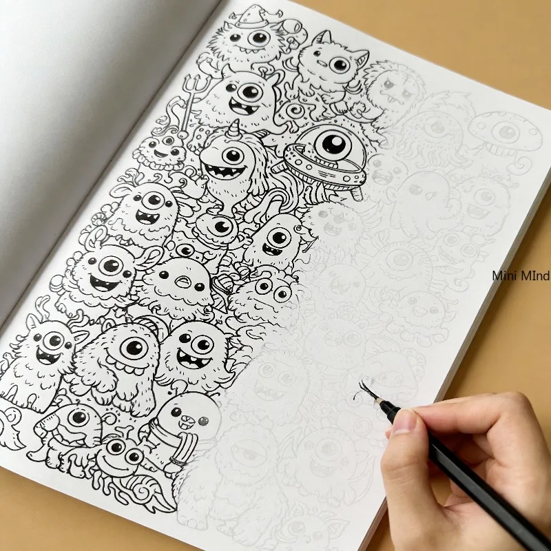 A Line Drawing Coloring Book with A Theme of Small Monsters, 28 Different Patterns, Large-sized Drawing Book, Art Creation Gift