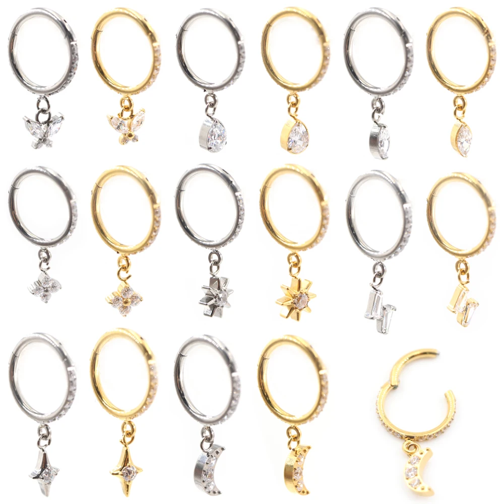 1 pièce Anneau de piercing en titane avec zircon, motifs papillon, goutte d'eau, œil, lune, soleil, pour nez, oreille, tragus, cartilage, hélix