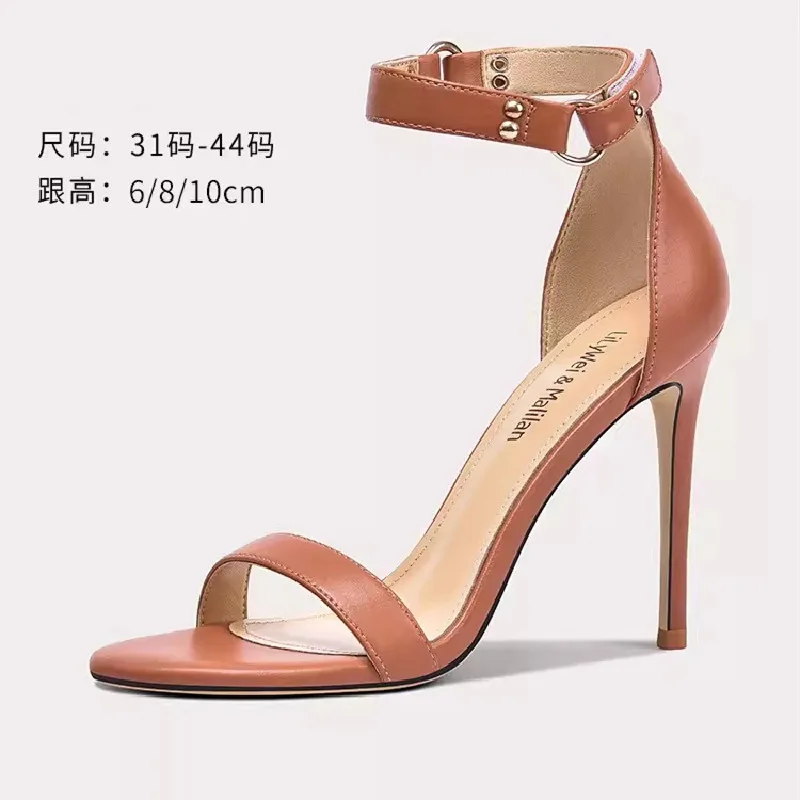 

Summer New Round Toe Leather Face One Line Open Toe Sandals Slim High Heels Banquet Dress Versatile Large and Small Women's Shoe