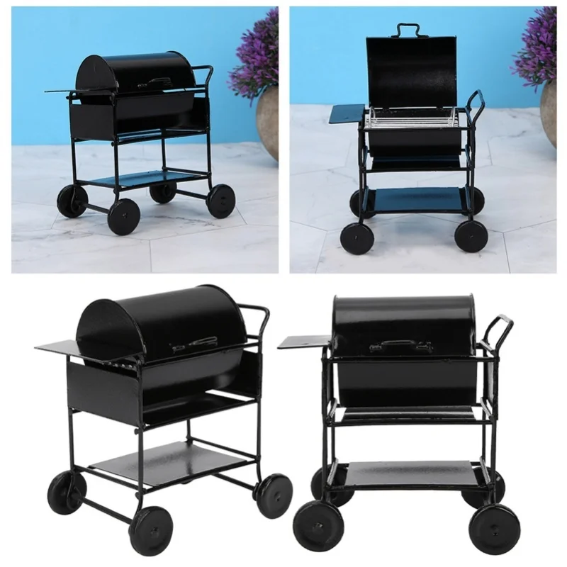 ドールハウスアクセサリー ミニBBQラック 手押し車 キッチンシミュレーションオーナメント 1:12