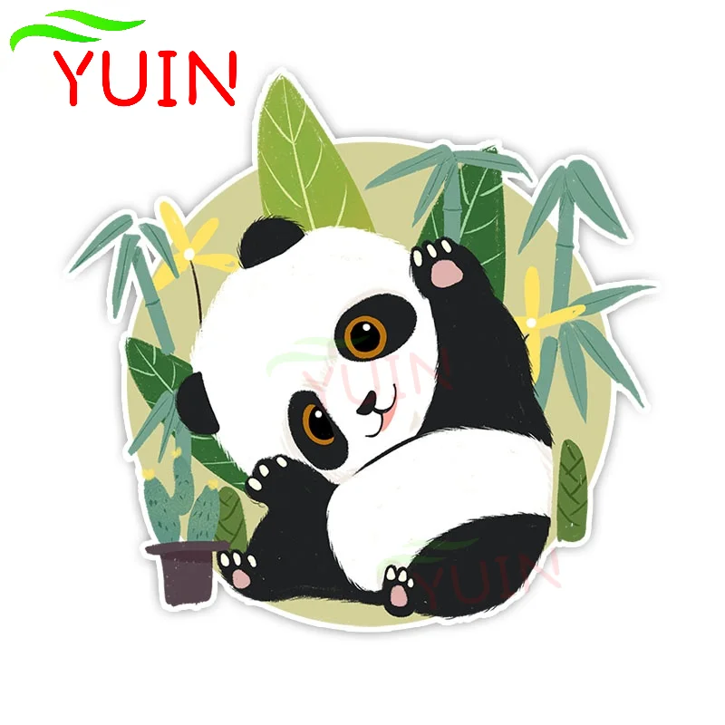 YUIN Fashion Car Sticker Cute Panda Cartoon Bamboo Leaf Decals PVC Bumper Window Decoration Accessories Waterproof Decal 16*15cm