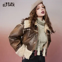 ELFSACK Korean Fashion PU Spliced Jacket Women 2023 Winter Retro Handsome Outwears