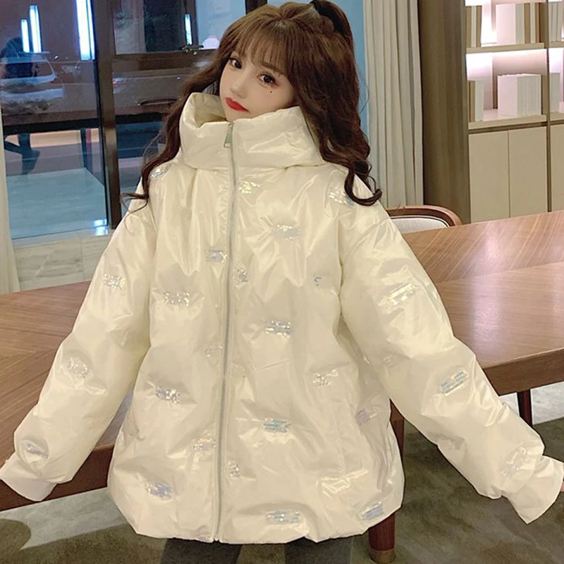 2023 Winter Women Loose Cotton Jacket Hooded Sequins Fashion High Street Elegant Thicken Coat Female Bright Face Warm Parkas