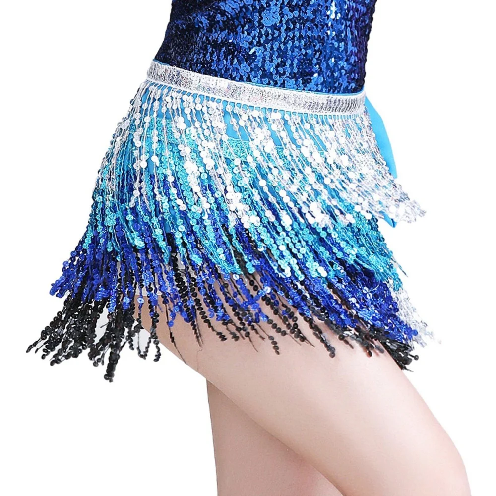 Women Boho Belly Skirt  Sequins Belly Hip Scarf Tassel Fringe Skirt Rave Party Dance Performance Costume