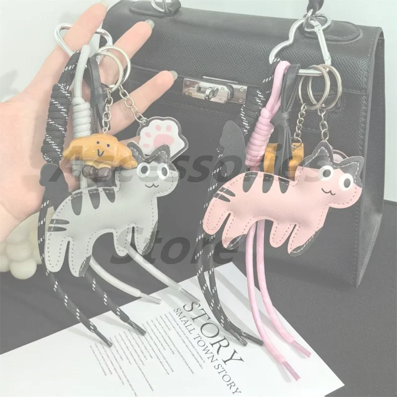 Cartoon Chocolate Cat Keychain Fashion Versatile Rope Knot Keyring Bag Pendant Backpack Hanging Decoration Car Key Holder