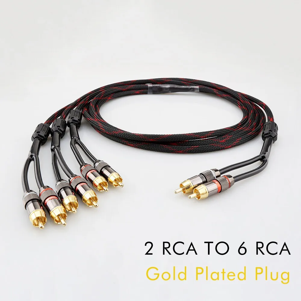 Gold Plated 2 RCA to 6 RCA Male HiFi Interconnect Cable OFC 4 Core Copper Audio Cord For Speaker System