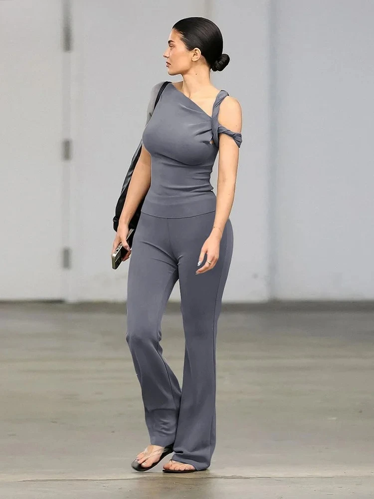 

Элегантный женский комплект из 2 предметов, эластичные топы на бретелях с короткими рукавами и брюками-клеш, одинаковая эластичная тонкая уличная одежда