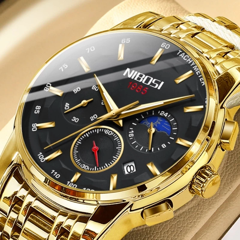 NIBOSI New Fashion Chronograph Quartz Watch for Men Luxury Gold Stainless Steel Strap Waterproof Mens Watches Relogio Masculino