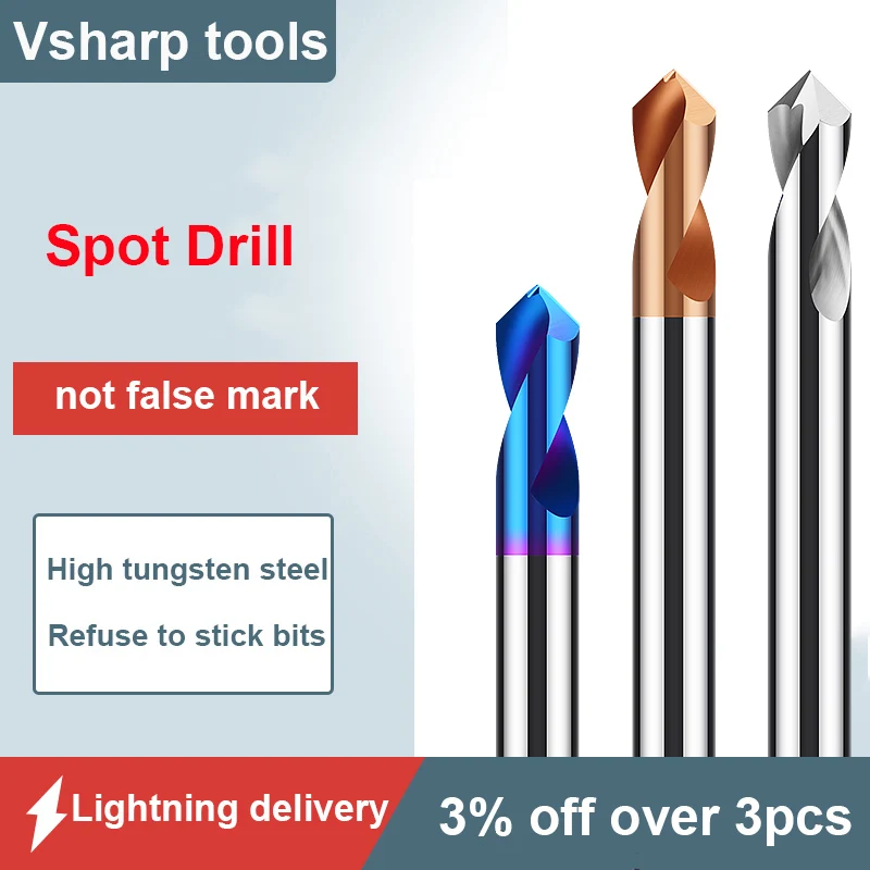 

Vsharp Spot Drill 90 Degrees 1.0-12mm Chamfer End Mill Stub Starting Location Center Bit CNC Router Bit Carbide Milling Cutter