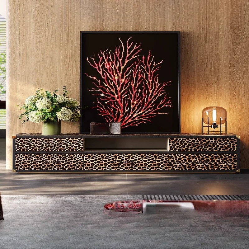 Light luxury TV cabinet, luxury living room, fashionable post-modern Italian high-end leopard print milk cowhide coffee table