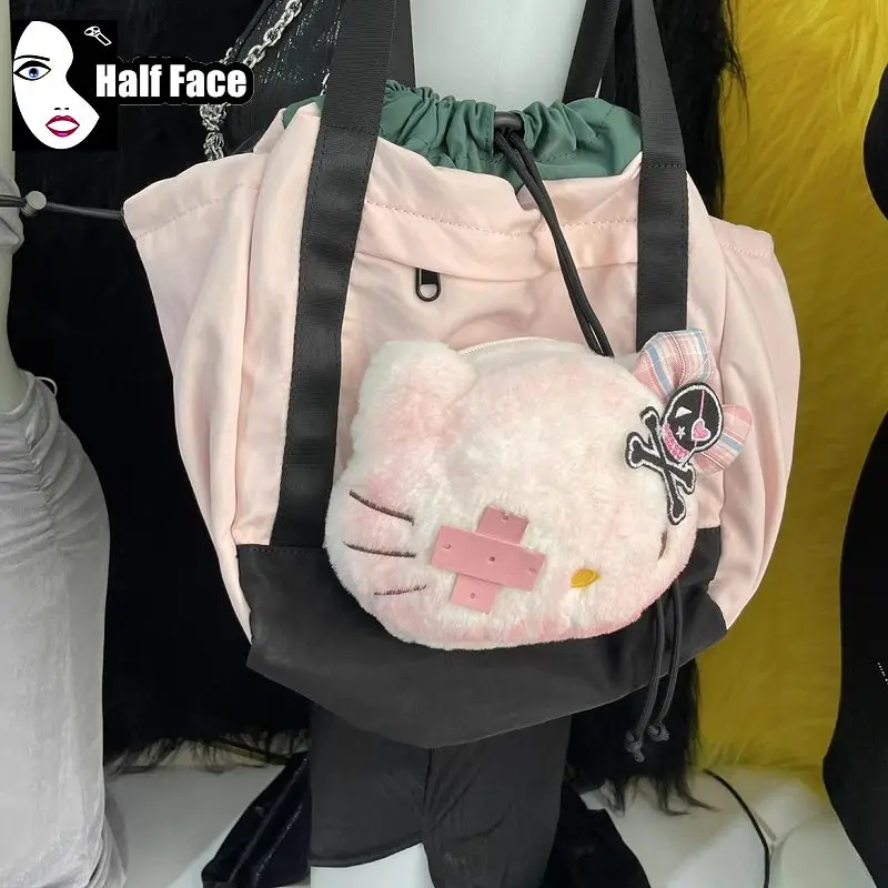 Y2K Girls Harajuku Women's Gothic Advance Design Drawstring Handbag Casual Punk One Shoulder Lolita Commuting Crossbody Bag Tote