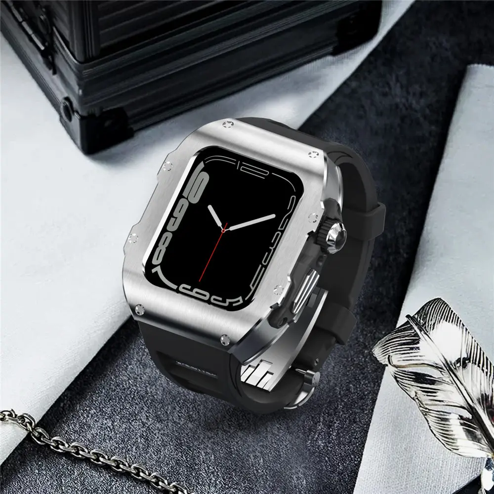 AP Mod Kit 316L Stainless Steel Case for Apple Watch Series 8 7 6 5 4 SE Rubber Band 44mm 45mm