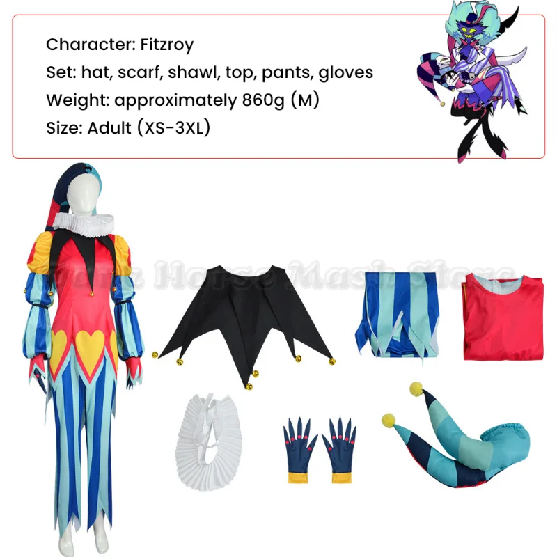Fizzarolli Cosplay Costume Clown Fizzarolli Cosplay Jester Top Pants Hat Gloves Imp Outfit Halloween Party Suit for Mens Womens
