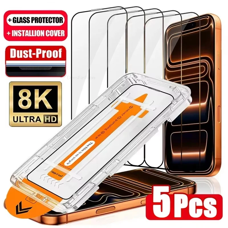 1-5 pièces de protection d'écran Ultra HD anti-poussière pour iPhone 17 16 15 13 11 12 14 Pro Max 16e 7 8 Plus SE 17 Air, verre facile à installer, boîte