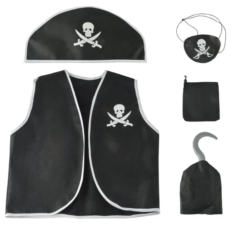 2025 Halloween  Costume de Pirate pour garçon, gilet noir avec chapeau à visière, ensemble de crochets et de sacs de Pirate