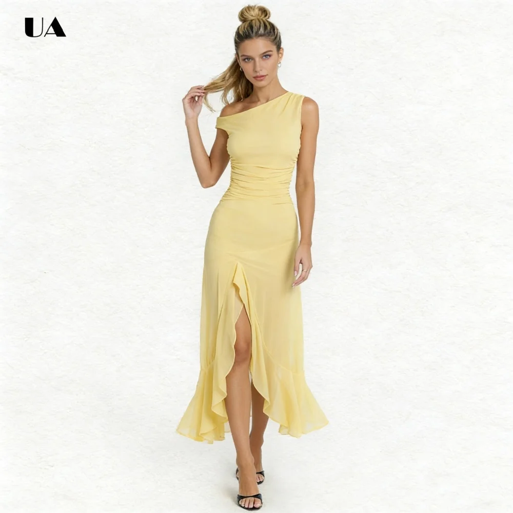 

ULBYANRY Simple Prom Dress with Asymmetrical Collar, Solid Ruffled Chiffon Evening Dress, Classic Slit Customized Party Gown