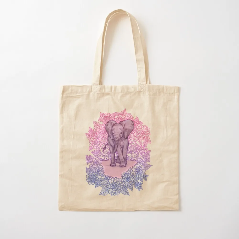 

Cute Baby Elephant in pink, purple & blue Tote Bag bags for women bag for beach Woman shopper bag Canvas Tote