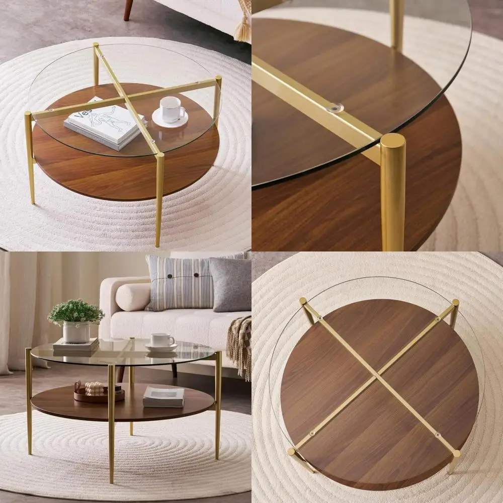 طاولة قهوة مستديرة حديثة من منتصف القرن، 30 قطرًا × 17 ارتفاعًا، أثاث غرفة المعيشة، تصميم على مستوىين، زجاج شفاف مع #1